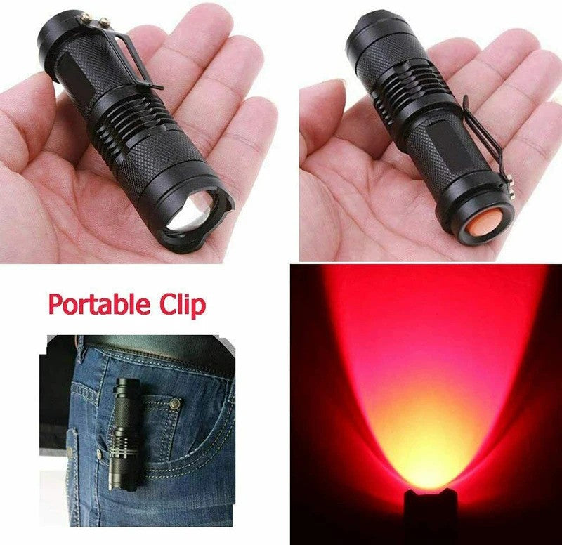 Pocket clip on the barrel of the red astronomy flashlight