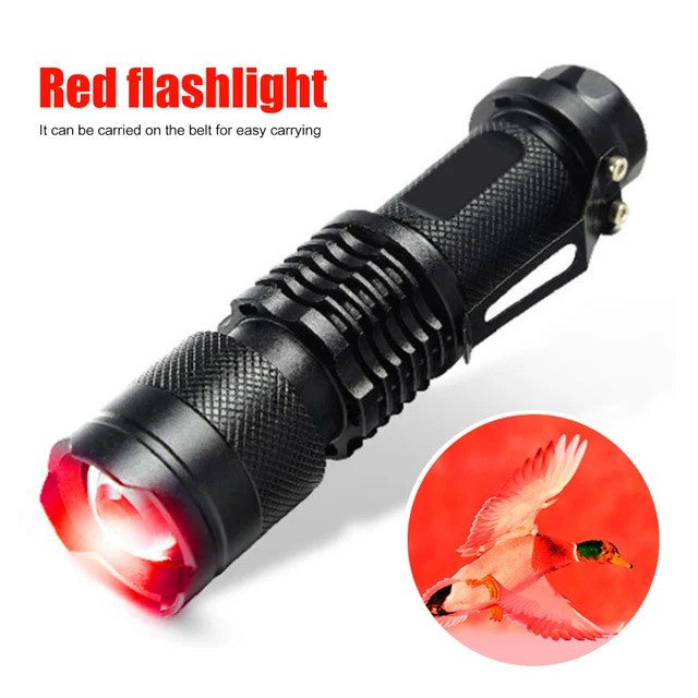 Red astronomy flashlight clipped to a belt, captioned: it can be carried on the belt